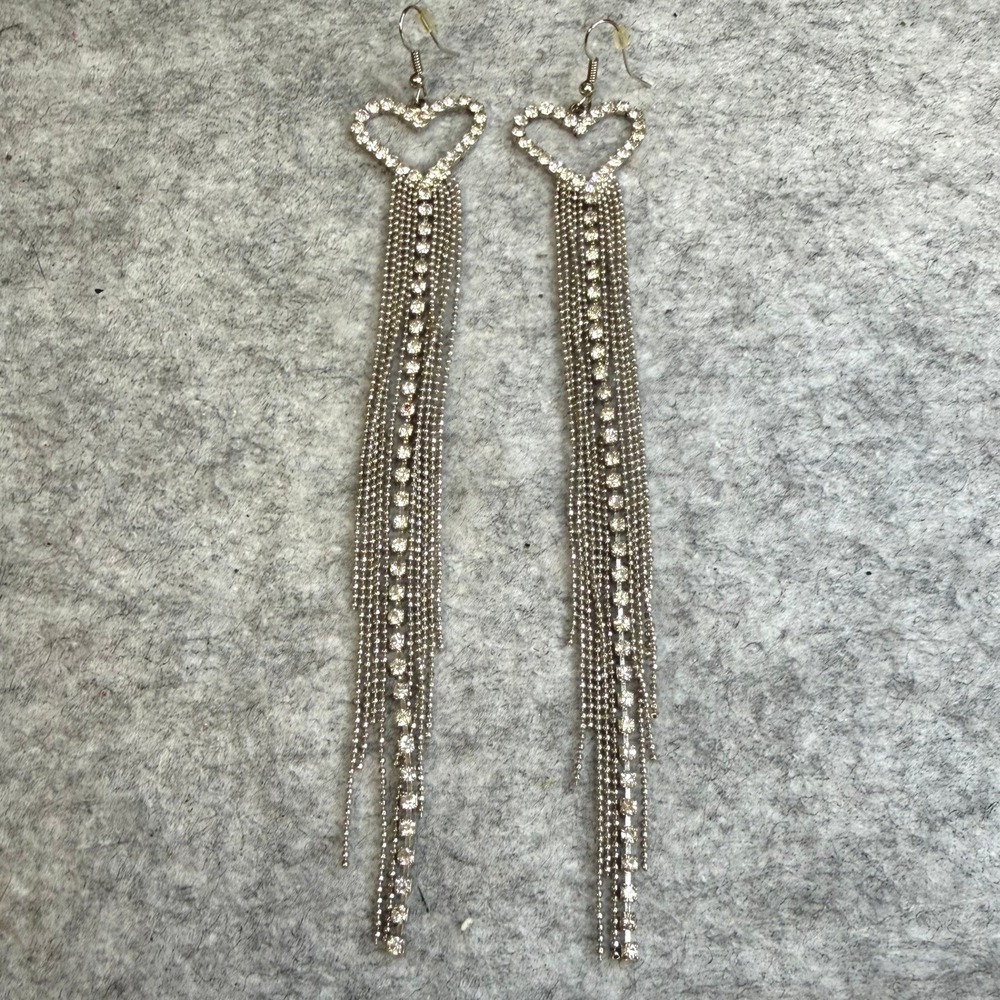 Silver Rhinestone Heart Long Fringe Tassel Drop Earrings Statement Dangle 6"
